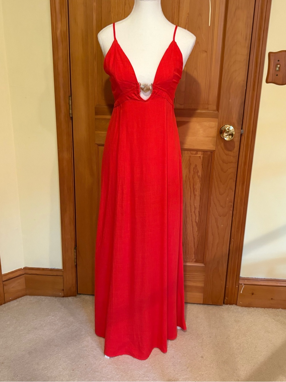 Red Spaghetti-Strap Maxi Dress with Plunging V and Center Ring